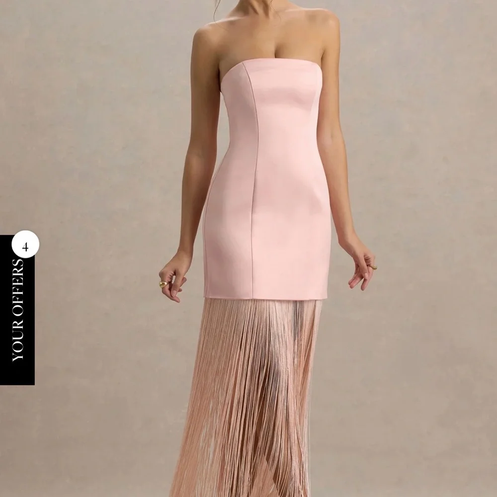 Club L London Blush Pink Satin Bandeau Maxi Dress With Fringe - Picture 9 of 10